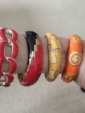 VINTAGE Enamel Bangle Bracelets,  Red, Black, Yellow, Orange & Blue